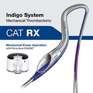 Brochure image of Cat RX with Penumbra Engine reading "Indigo System Mechanical Thrombectomy. CAT RX. Mechanical Aspiration with Penumbra ENGINE"