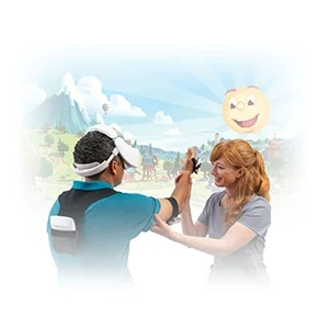 Therapist and patient using REAL y-series VR headset and sensors on a background of the game