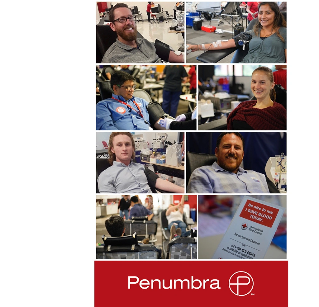 Collage of Penumbra employees giving blood during blood drive