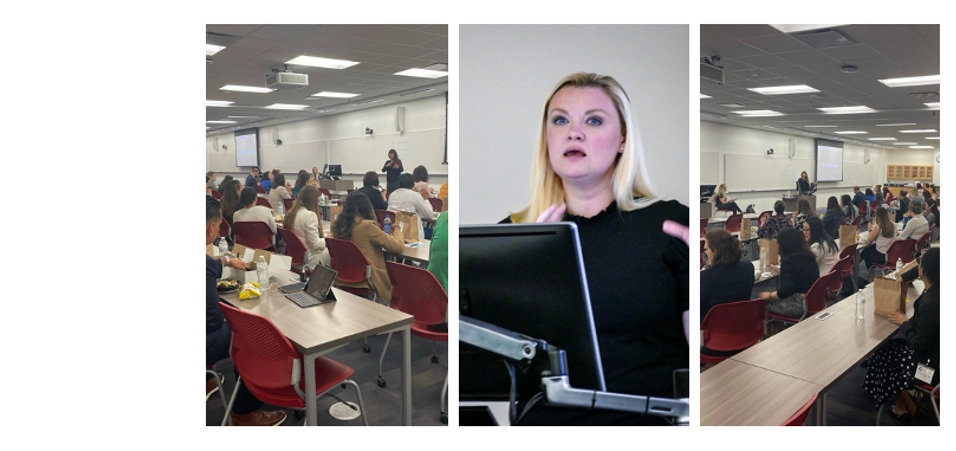 Triptych of three photos, including session participants, speaker, and more session participants. 