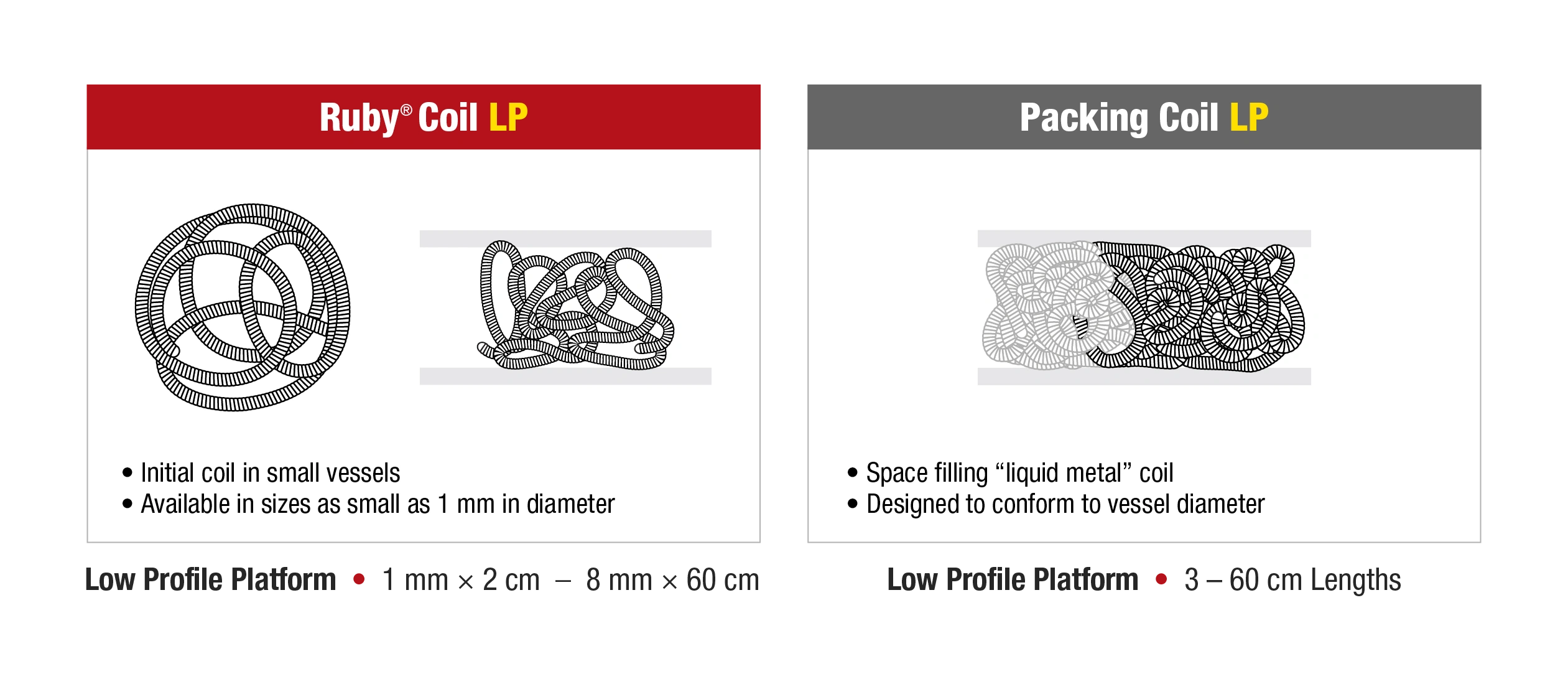 Diagram of illustration explaining the LP Embolization System sizes, dimensions, and usage (information found below) with text "Ruby Coil LP - Initial coil in small vessels - Available in sizes as small as 1 mm in diameter" and "Packing Coil LP - Space filling liquid metal coil - designed to conform to vessel diameter"