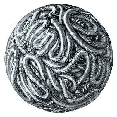 Illustration of PC400 coiled into a metal sphere or ball