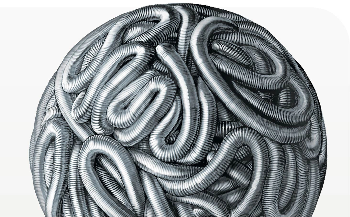 Illustration of PC400 coiled into a metal sphere or ball