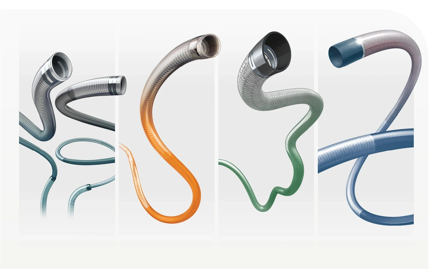 4 different neuro access catheters on grey square backgrounds