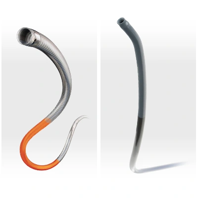 2 different neuro access catheters on grey square backgrounds