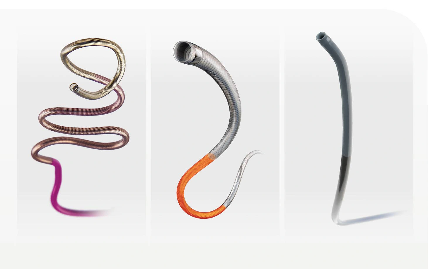 3 different neuro access catheters on grey square backgrounds