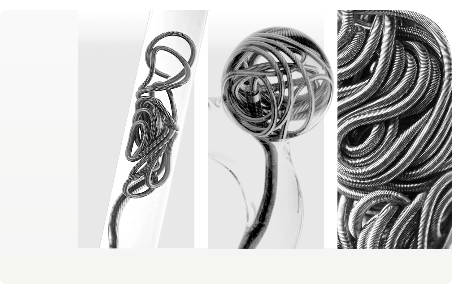 3 different embolization coils, coiling in a glass tube model