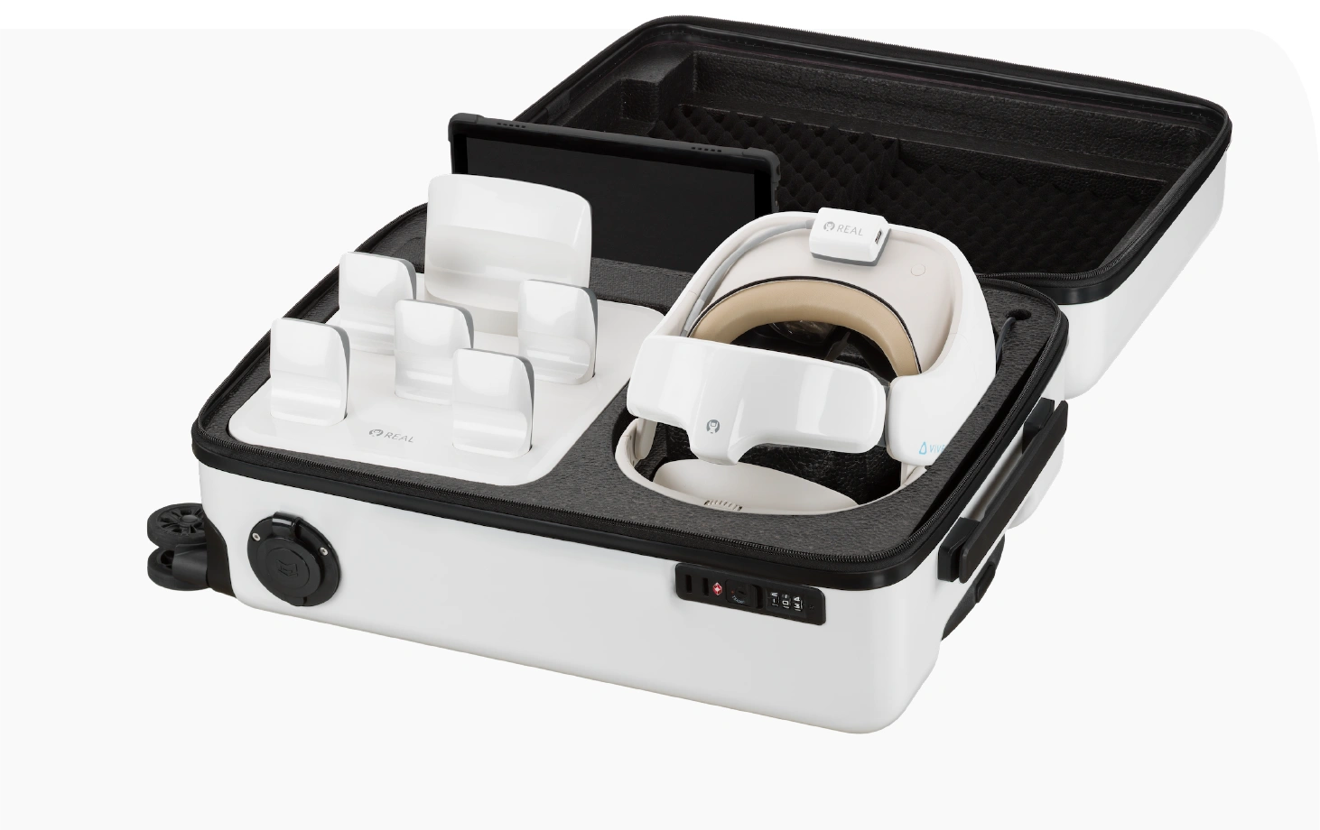 REAL y-Series VR headset and sensors in their fitted charging case that resembles a white rolling suitcase