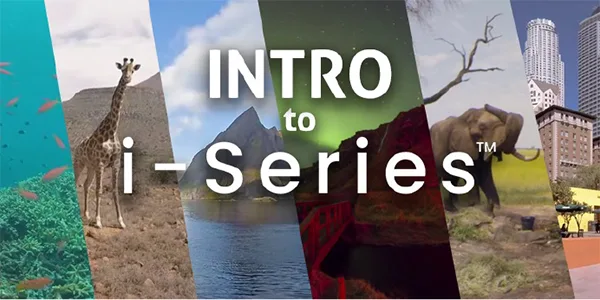 3D Graphic of collage of different experiences including wildlife, islands, city scapes, under water, and auroras with text logo "Intro to i-Series"