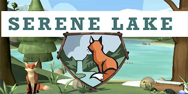 3D Graphics image of cartoon foxes in the woods on a lake with text reading "serene lake"