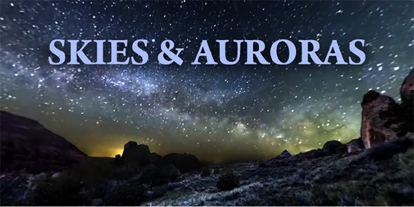 3D Graphics of a night sky with text logo "Skies & Auroras" on REAL i-Series