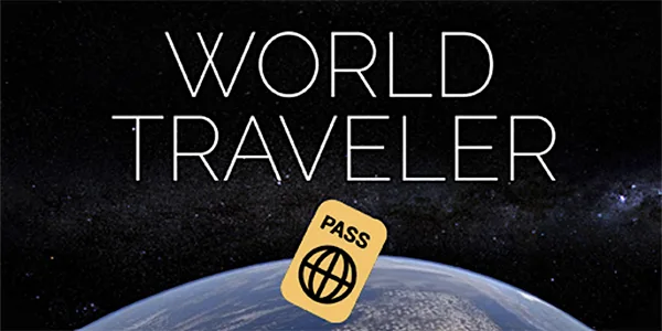 3D Graphics of the earth viewed from space with a passport and text logo "WORLD traveler" from the REAL i-Series