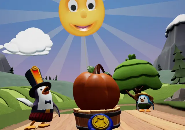 3D Graphics Image of a cartoon sun and cartoon penguins from Happy Valley experience on REAL y-Series