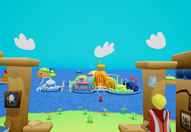 3d graphics of an amusement park island off the coast from Island Antics experience
