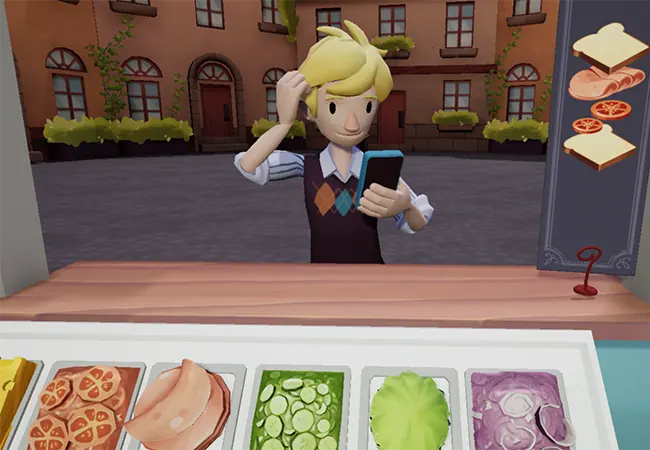 3D Graphics of the first person view of from within at a cartoon looking sandwich stand facing an inpatient blonder customer on his cell phone from the Mindful Market experience on the REAL i-Series