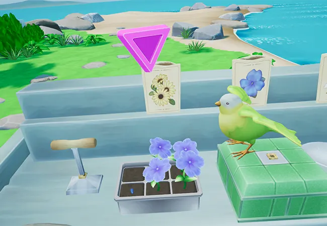 3D Graphics of a bird, gardening pots, and some flowers from Pleasant Cove experience on REAL y-Series