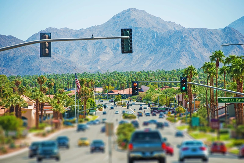 Stock image of Palm Springs Highway and the Cityscape. Palm Springs, California, United States. Coachella Valley.
