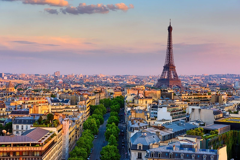 Skyline of Paris with Eiffel Tower in Paris, France. Panoramic sunset view of Paris