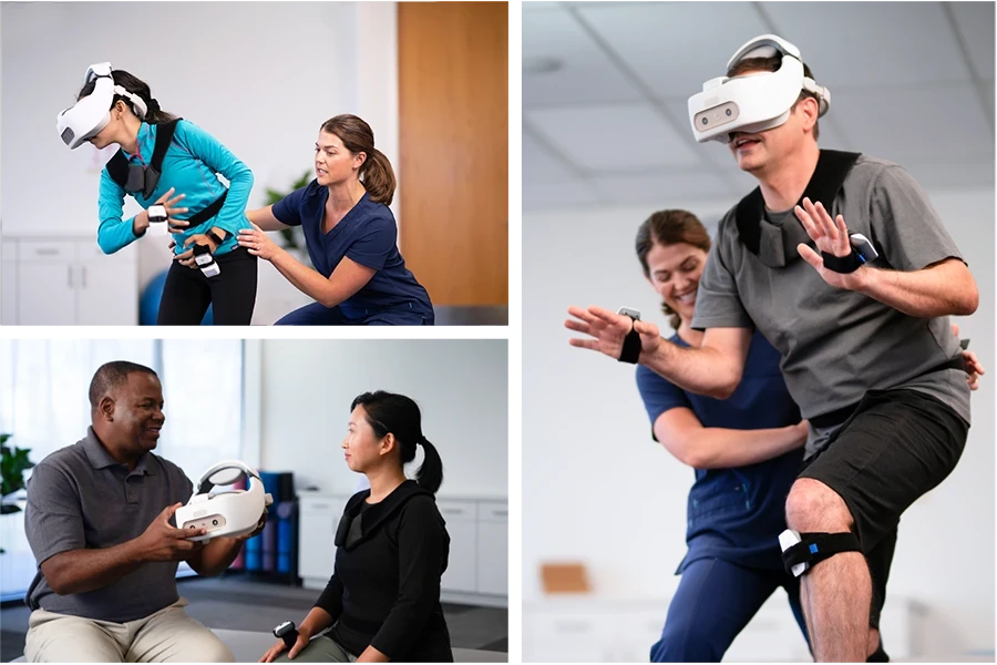 Collage of Physical Therapists using REAL System VR headset with patients