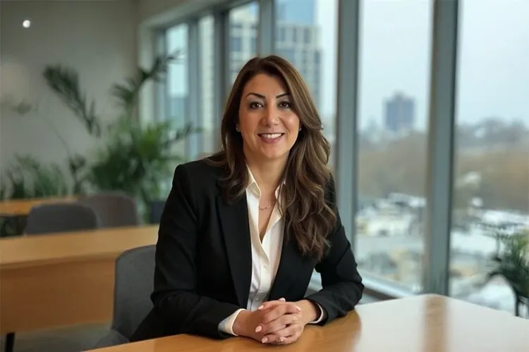 Portrait of Shirin Azizi smiling, sitting at a desk with her hands crossed