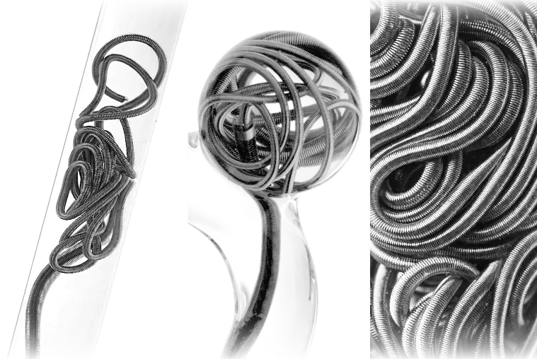 3 different embolization coils, coiling in a glass tube model