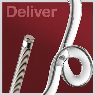 access25 delivery catheter shown close up on a red square background with text that reads "Deliver"