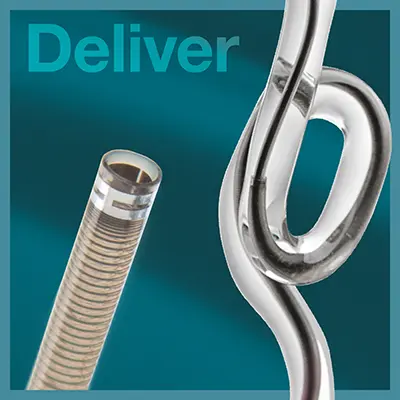 Midway Intermediate access catheter shown close up on a blue square background with text that reads "Deliver"