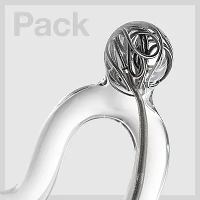 embolization coils forming a spherical shape in a glass aneurysm model on a grey background with the words that read "pack"