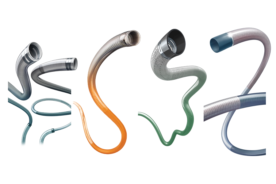 4 different neuro access catheters on grey square backgrounds