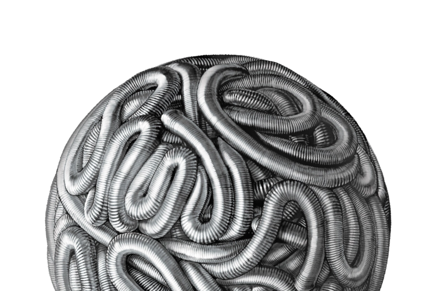 Illustration of PC400 coiled into a metal sphere or ball