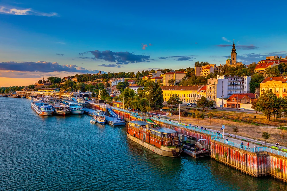 image of Sunset over Belgrade and ships in the harbor. HDR image