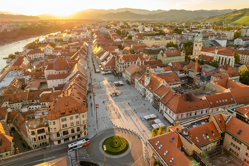 image of Maribor cityscape aerial view at sunset, Slovenia