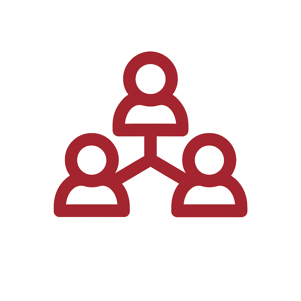 Three connected person icons forming a network, representing collaboration or professional connections