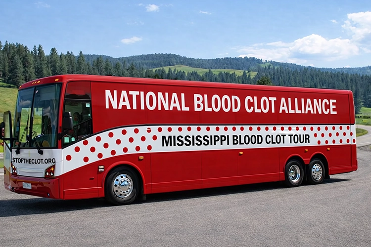 Red bus promoting blood clot awareness