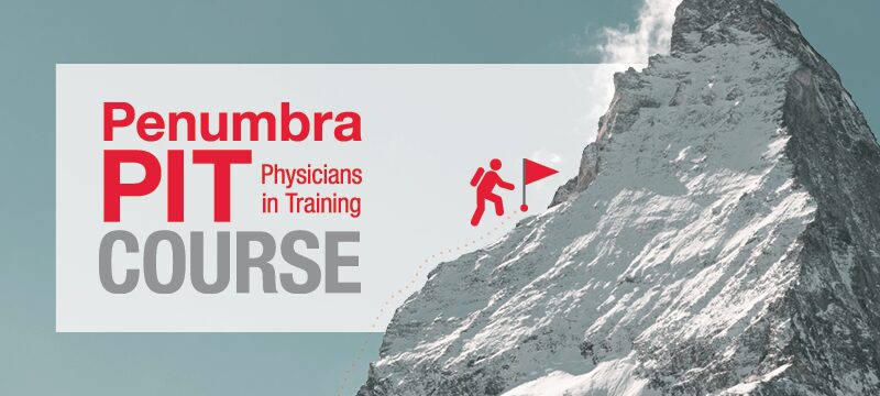 Promotional banner showing a snow‑covered mountain peak with a stylized climber icon approaching a flag, alongside the text “Penumbra PIT Physicians in Training Course.”