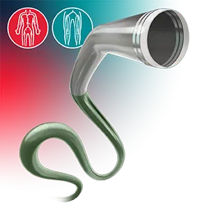 Catheter with a metallic-looking proximal hub and green flexible shaft in an S-shaped configuration, displayed on a red-to-teal gradient background with vascular and lung anatomy icons.
