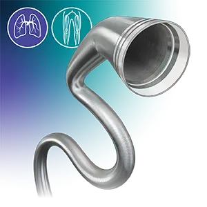 Catheter component with a curved distal shape and a metallic-looking proximal hub, shown against a blue-to-teal gradient background with lung and vascular anatomy icons.