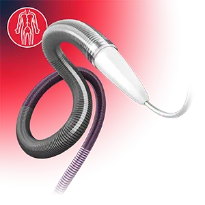 Flexible catheter featuring a coiled shaft and curved distal tip, displayed on a red background with a vascular anatomy icon.