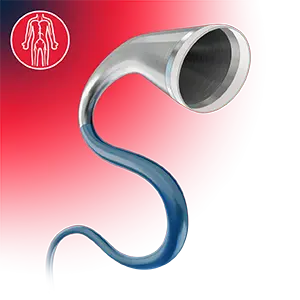 Catheter with a metallic-looking proximal hub and blue flexible shaft in an S-shaped configuration, displayed on a red background with a vascular anatomy icon.
