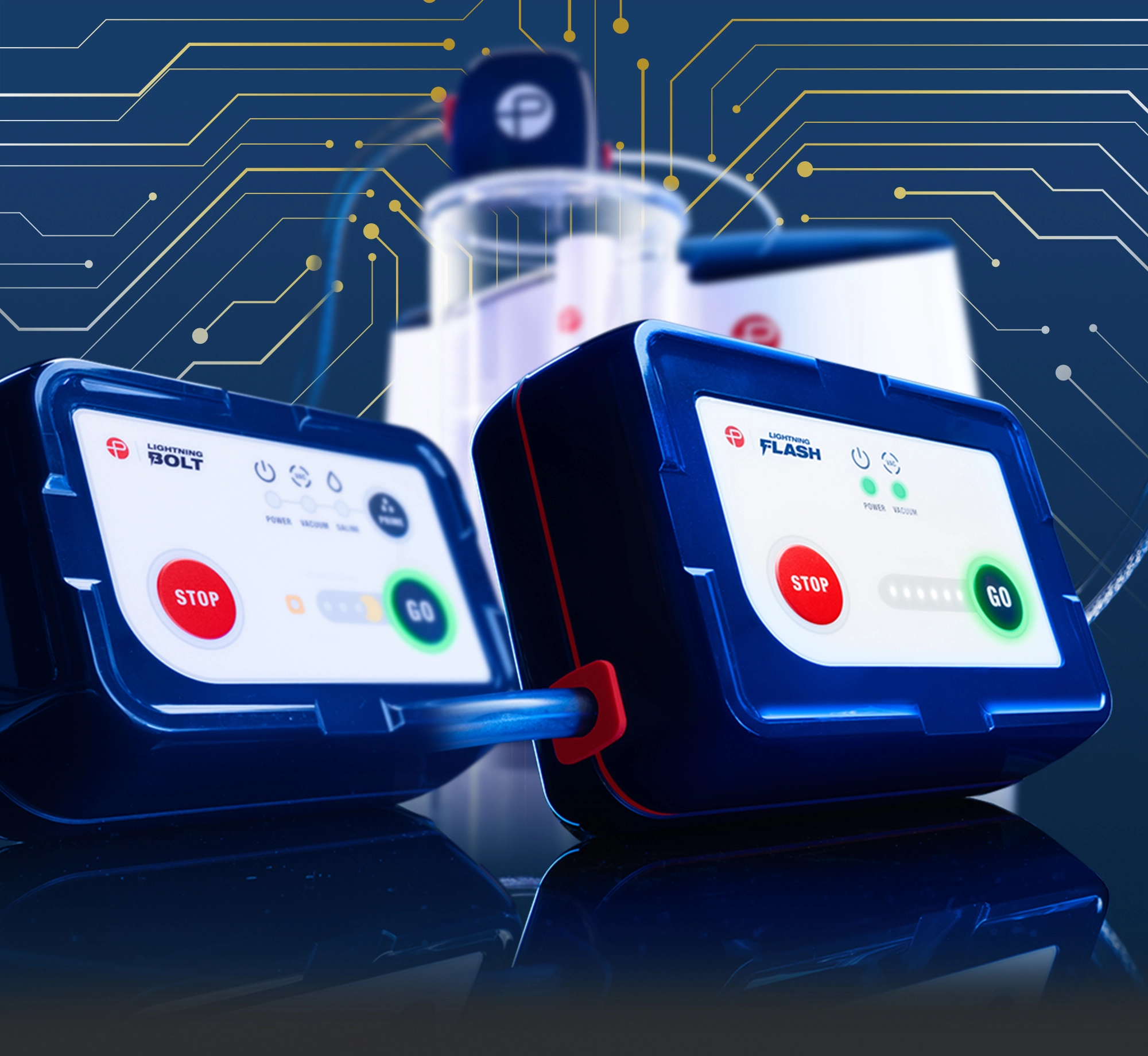 Penumbra Lightning Bolt and Lightning Flash aspiration system controllers displayed in front of collection canisters against a blue circuit-pattern background.