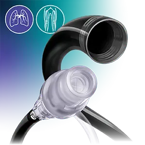 Black catheter with a clear connector attached at the proximal end, displayed on a blue-to-teal gradient background with lung and vascular anatomy icons.