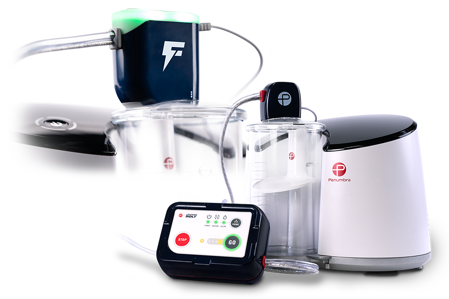 Product image showing a Lightning™ Bolt aspiration system setup. The image includes two transparent collection canisters with Penumbra logos, a dark-blue component marked with a white lightning bolt symbol and green illuminated indicator, connecting clear tubing, and a handheld controller positioned in front of the system. The controller displays illuminated status indicators and labeled buttons including 'STOP,' 'GO,' and 'Lightning BOLT.' Visible text includes 'Penumbra,' 'Lightning BOLT,' 'STOP,' and 'GO.'
