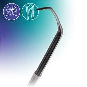 Black angled catheter tip with a metallic-looking proximal section, displayed on a blue-to-teal gradient background with lung and vascular anatomy icons.