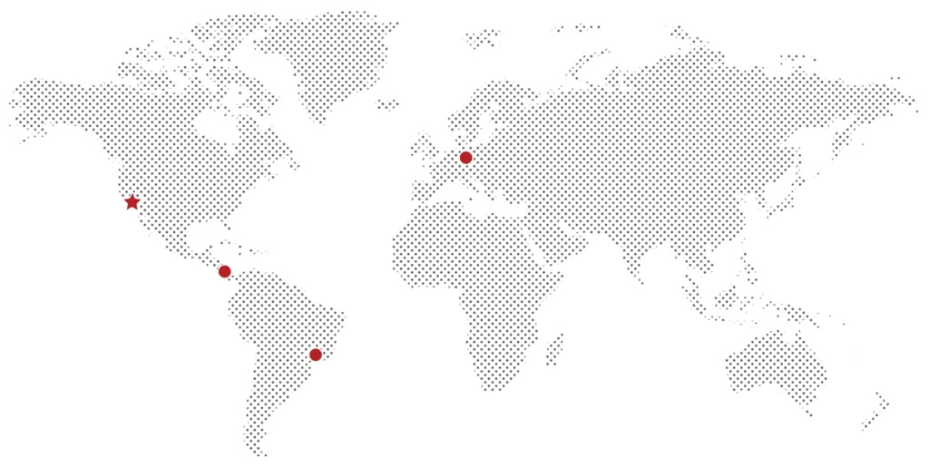 Transparent world map with indicators on Europe, Brazil, Costa Rica, and US for Penumbra offices
